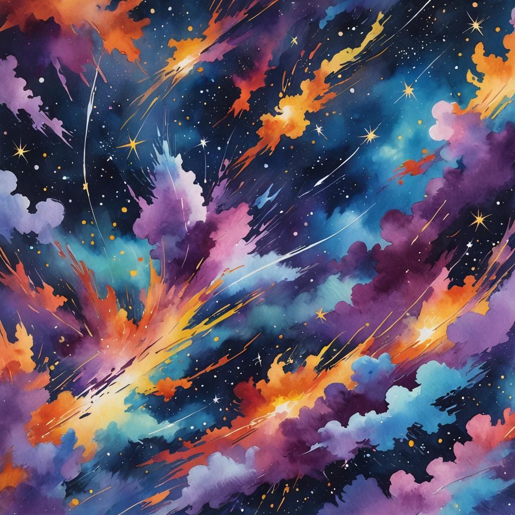 Vibrant Night Sky Gouache Painting with Shooting Stars