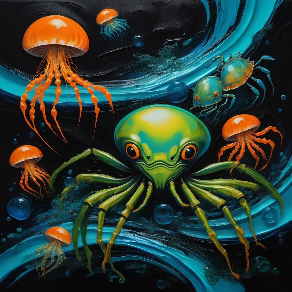 Surreal Alien Jellyfish and Crab Oil Painting