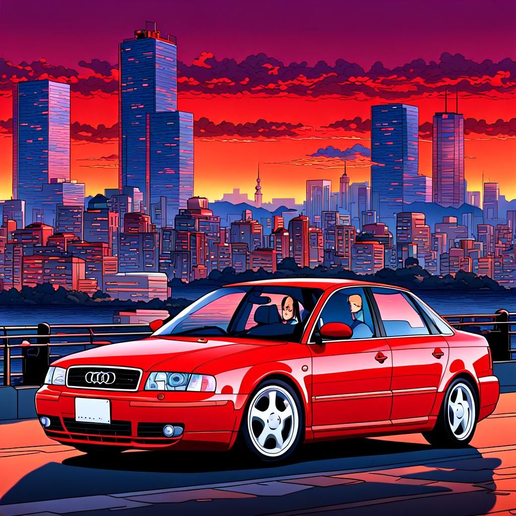 Two Red Audis in Manga Cartoon Style