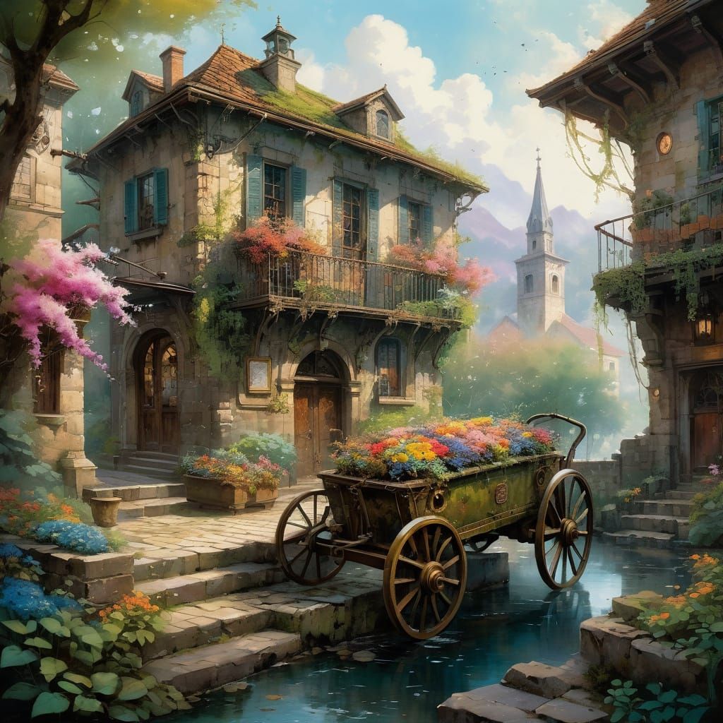 Misty Italian Village with Steampunk Elements