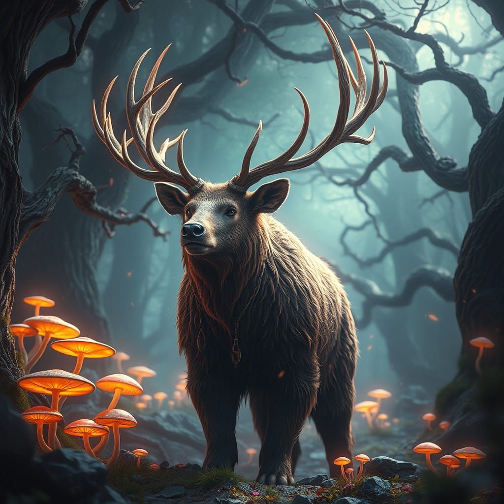 Majestic Bear-Deer Hybrid in Dreamlike Forest