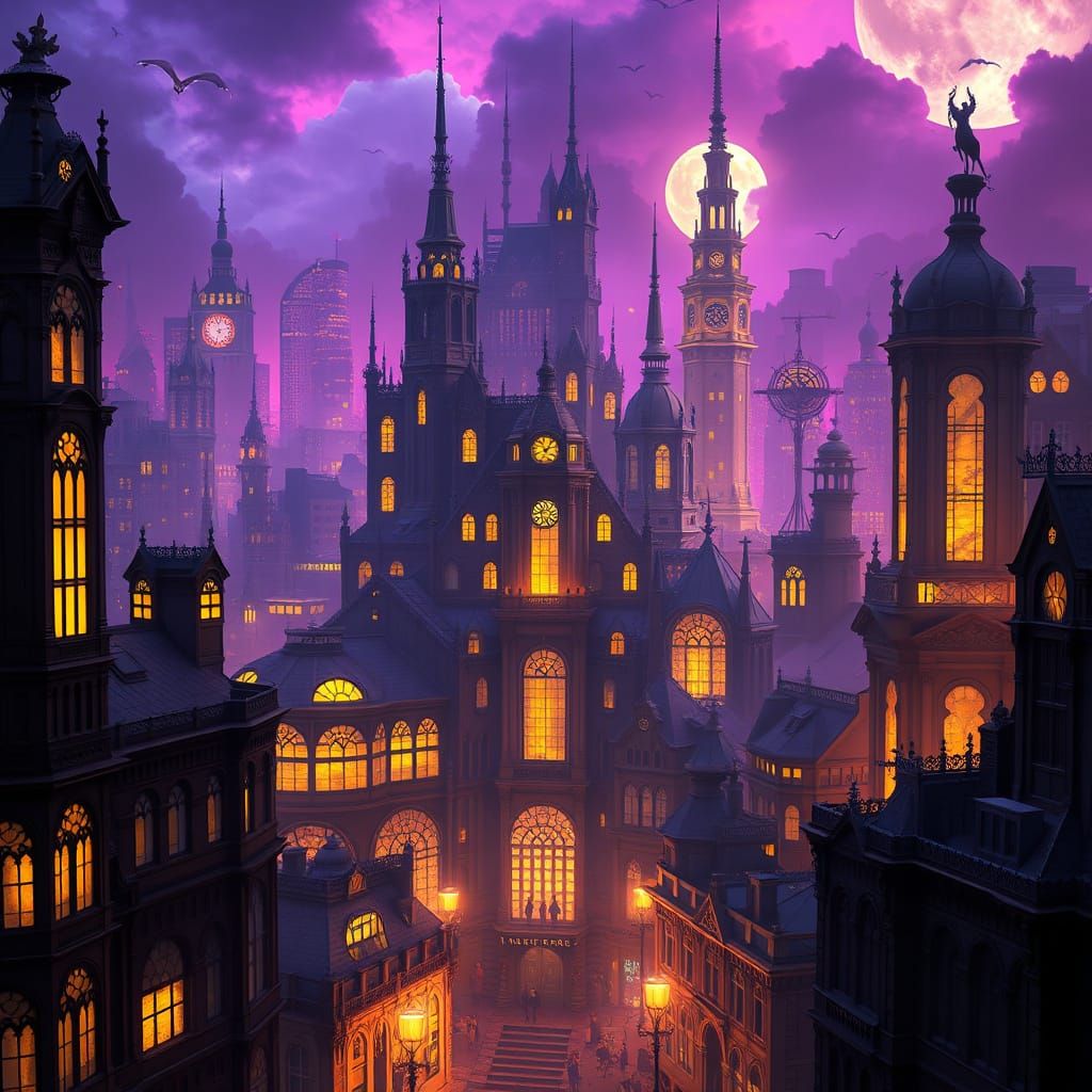 Dark Fantasy Cityscape in Elegant Art Nouveau Style