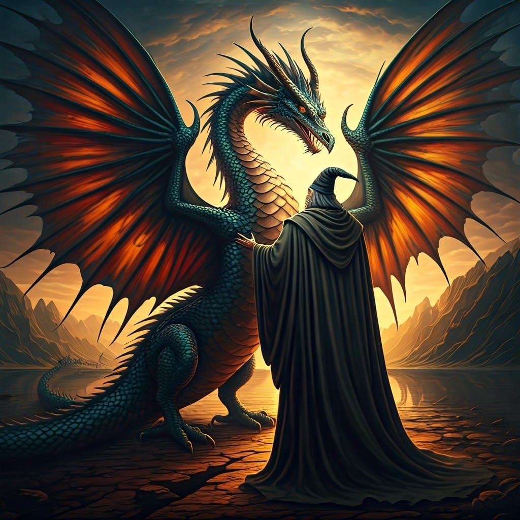 Wizard and Wyvern in Dreamlike Surrealist Scene