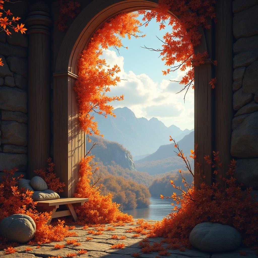 Autumn Landscape Seen Through Window in Matte Painting Style