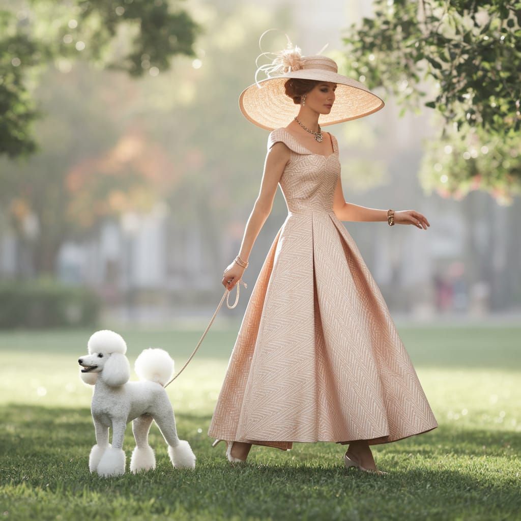 Elegant 1960s Woman Strolls Union Square Park with Poodle