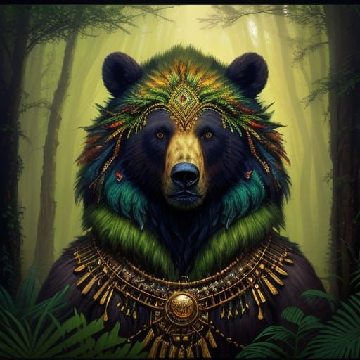Bear Shaman in Misty Forest: Oil Painting