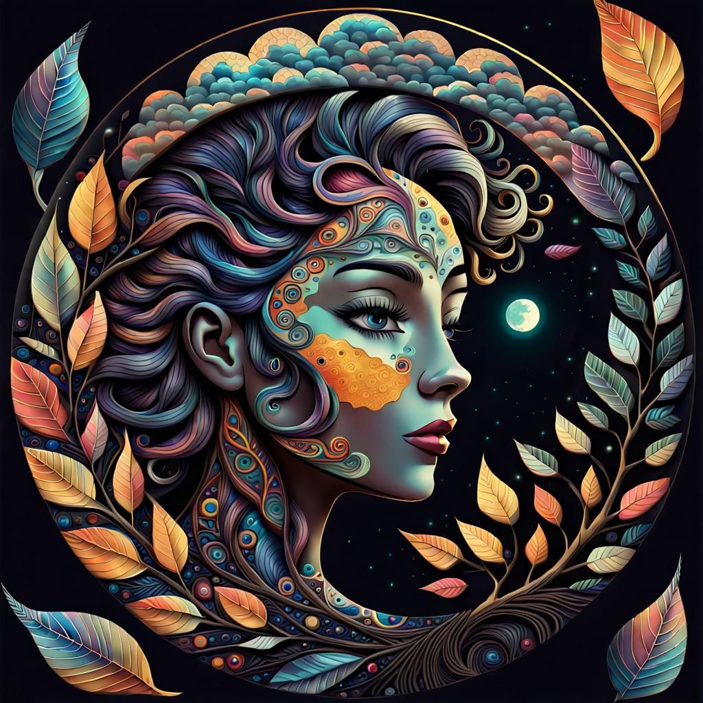 Stylized Moon Graphic with Woman's Face Silhouette