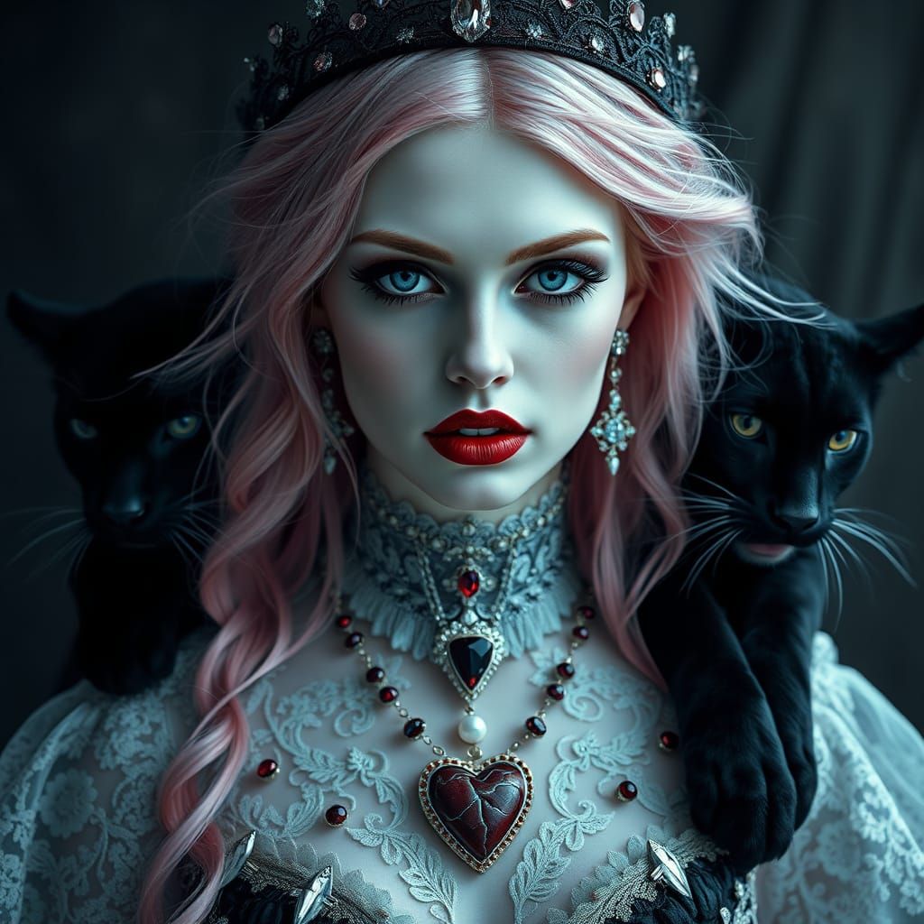 Gothic Vampire Goddess with Black Panthers