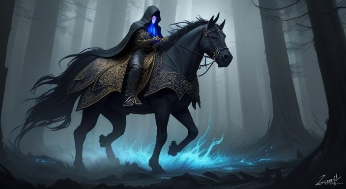 Mystical Rider in Misty Forest: Fantasy Concept Art