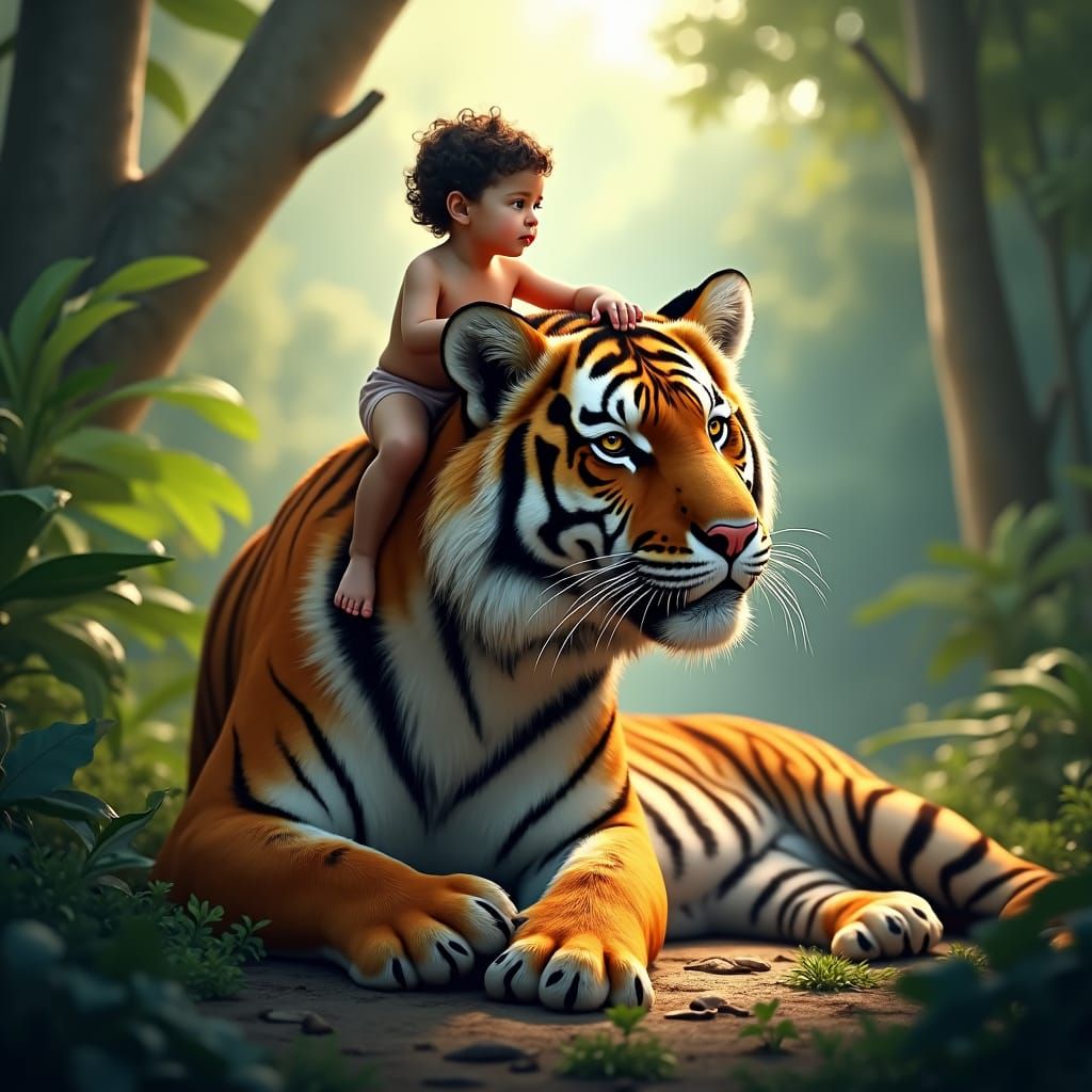 Child and Tiger in Jungle, Detailed Matte Painting