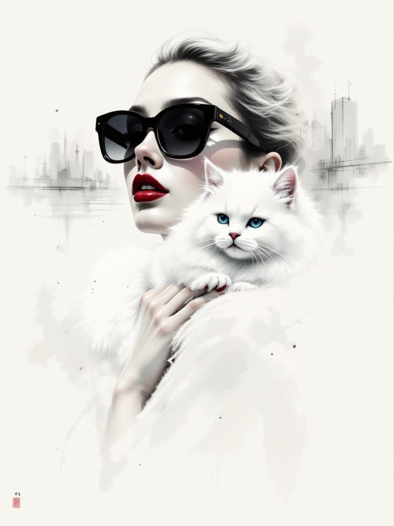 Ethereal Woman in Monochromatic White, Minimalist Cityscape ...