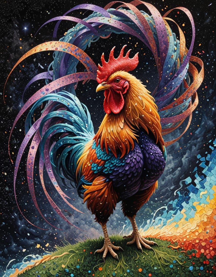 Vibrant Pointillist Rooster in Cosmic Tornado