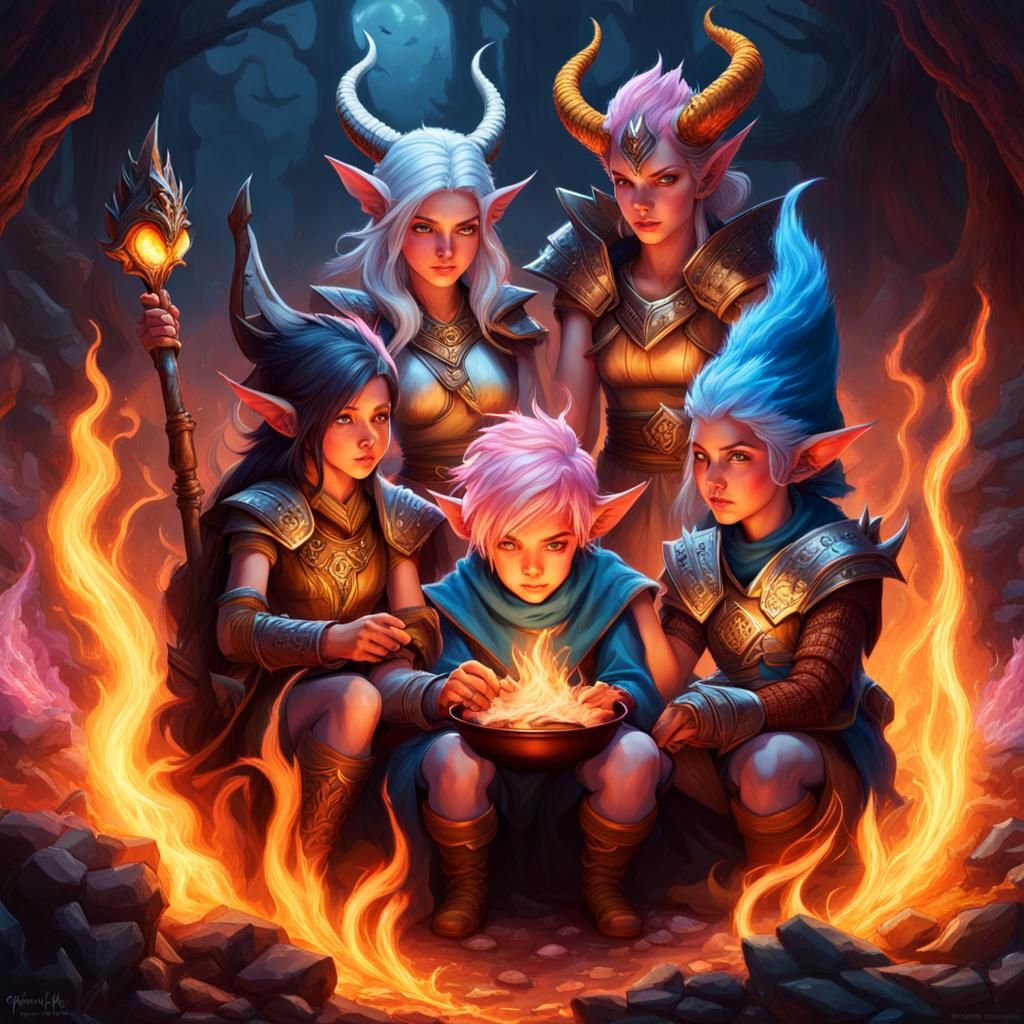 Fantasy Characters Gather Around Fire: Hyperrealistic Art