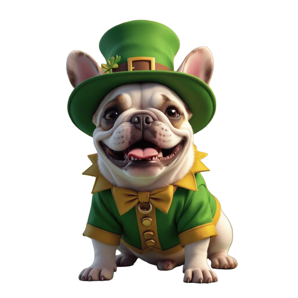 Smiling French Bulldog in Leprechaun Outfit: 3D Digital Art