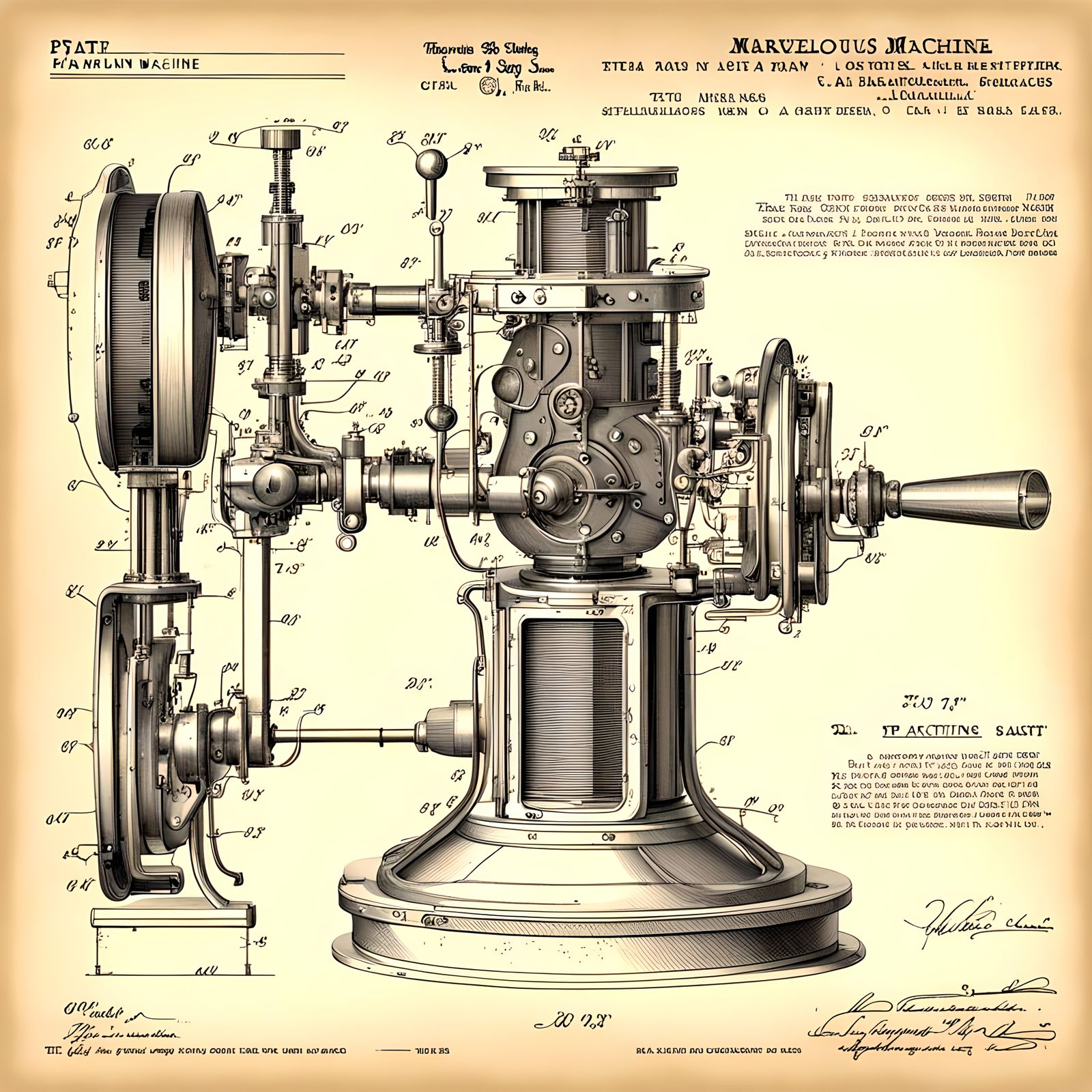 Patent drawing, marvelous steampunk machine