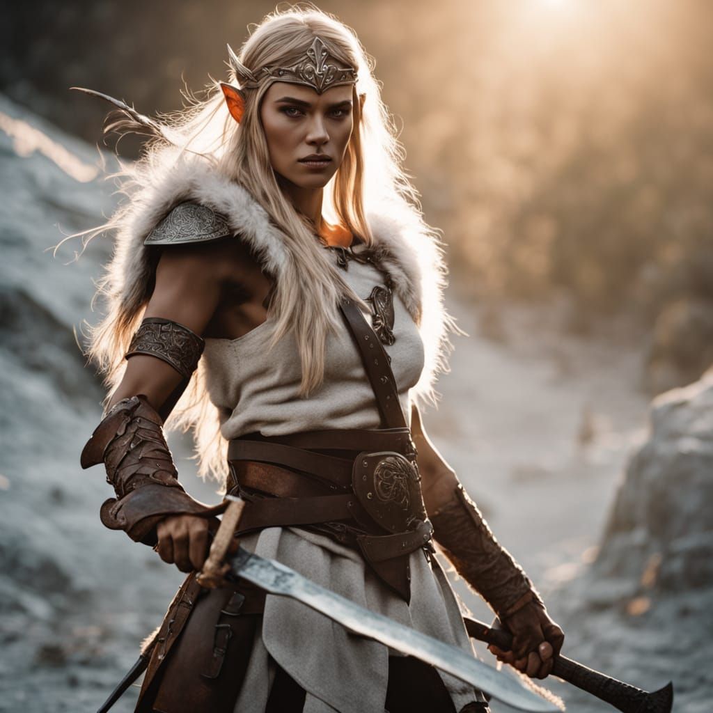 Epic Fantasy Film Still: Elven Barbarian in Golden Hour