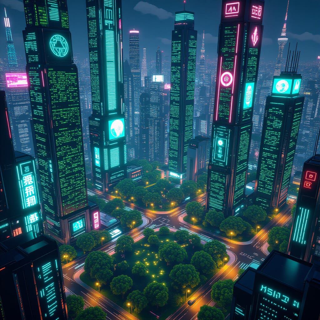 Cyberpunk Eco-City Aerial View in 3D Anime Style