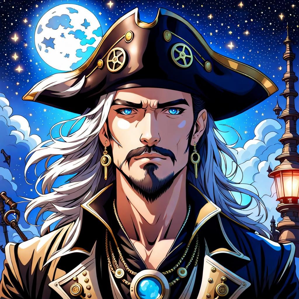 Steampunk Pirate Under Starry Moonlit Sky