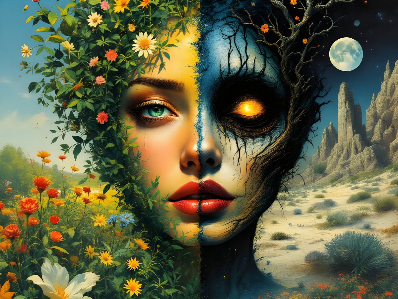 Bipolar Woman in Duality, Split Between Serenity and Turmoil