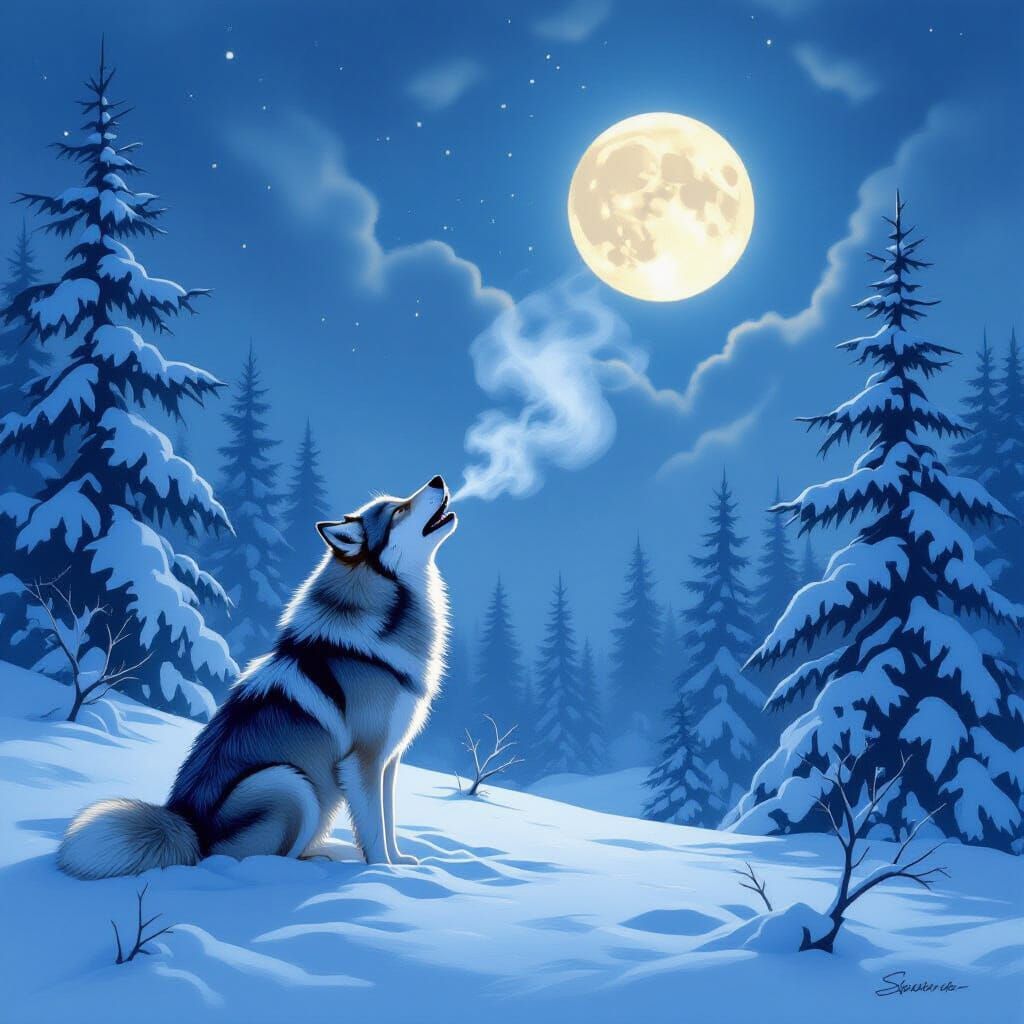 Winter Wolf Howls at Moon as Digital Art