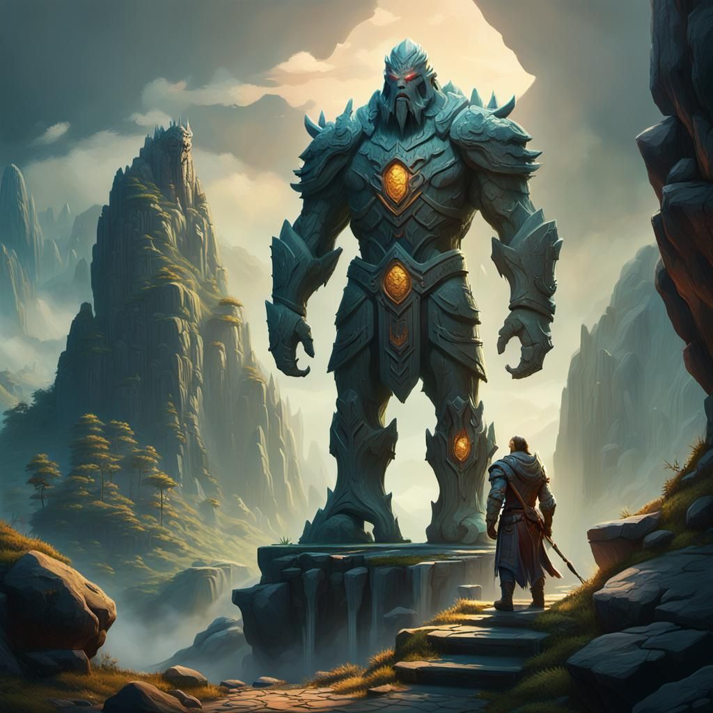 Giant Stone Guardian of Mountain Entrance: Fantasy Art