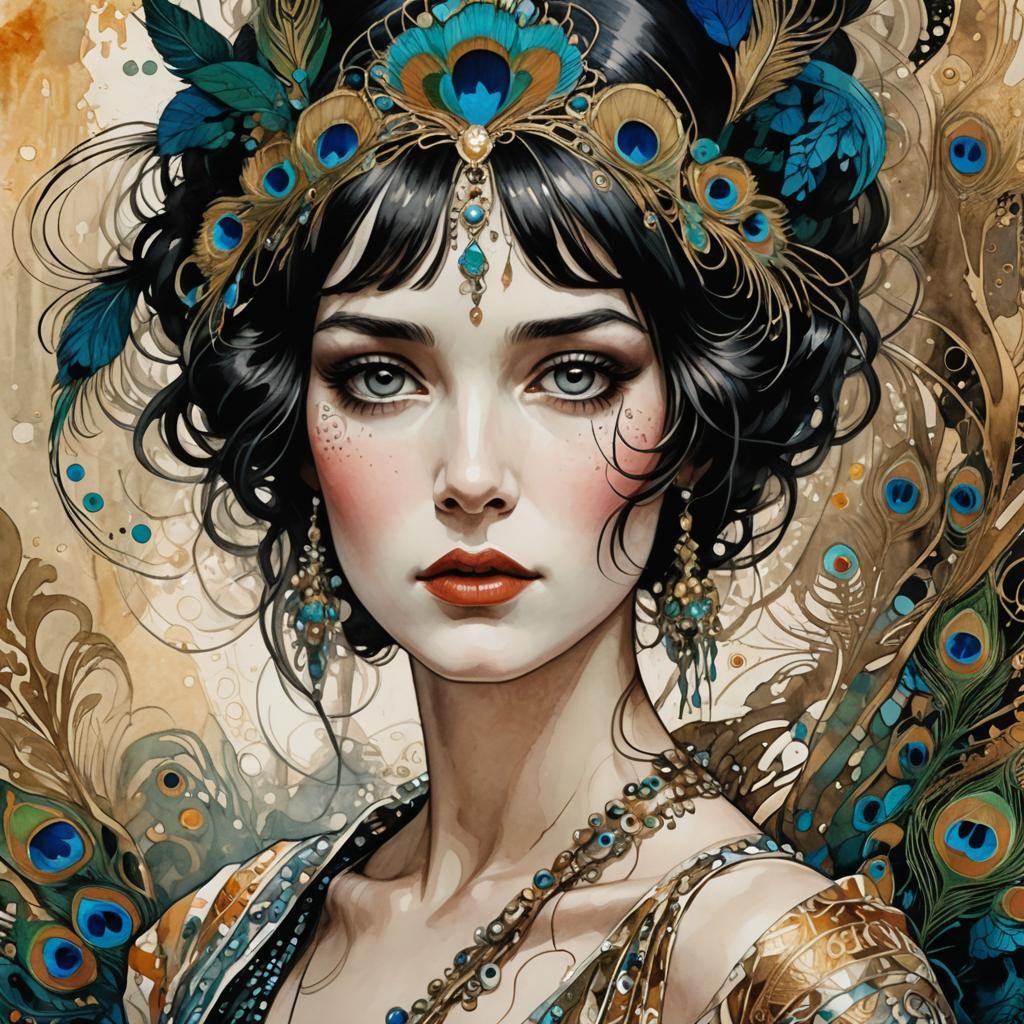 Dark-Haired Princess Portrait with Klimt Influence
