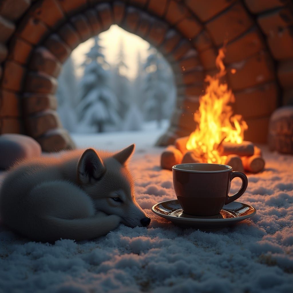 Wolf Cub Warms by Cozy Fire