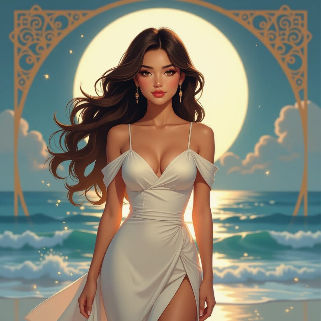 Girl at the Beach in Art Nouveau Style