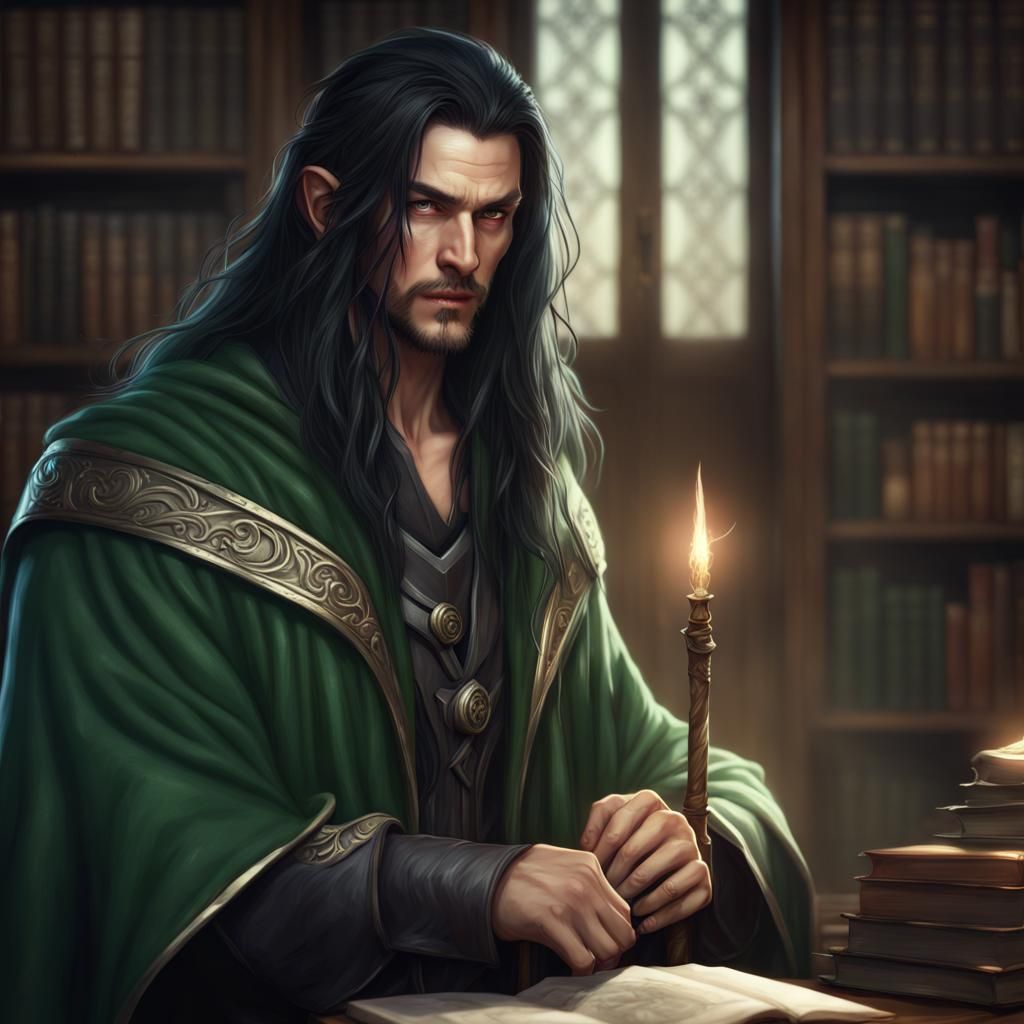 Cheliax Wizard in Library: Detailed Fantasy Art