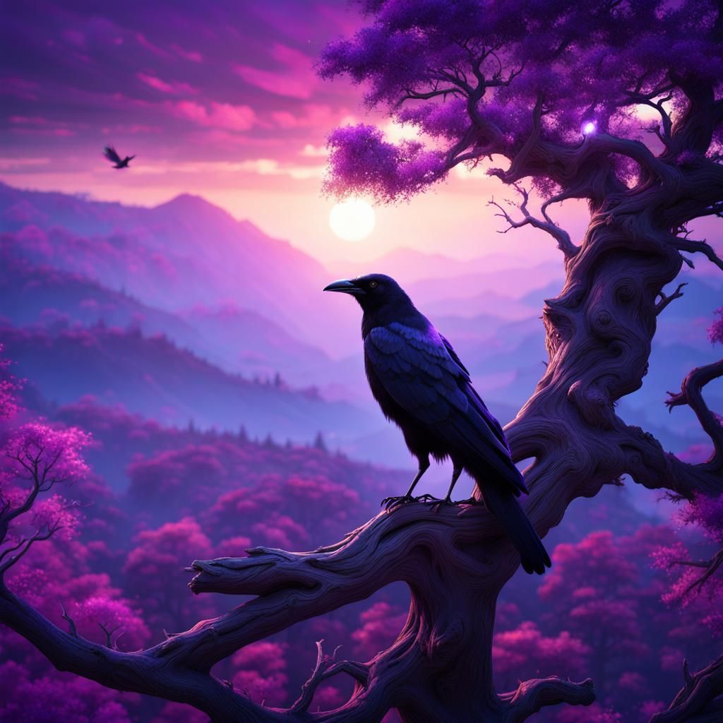 view of a crow on top of a tree, epic fantasy style, purple ...