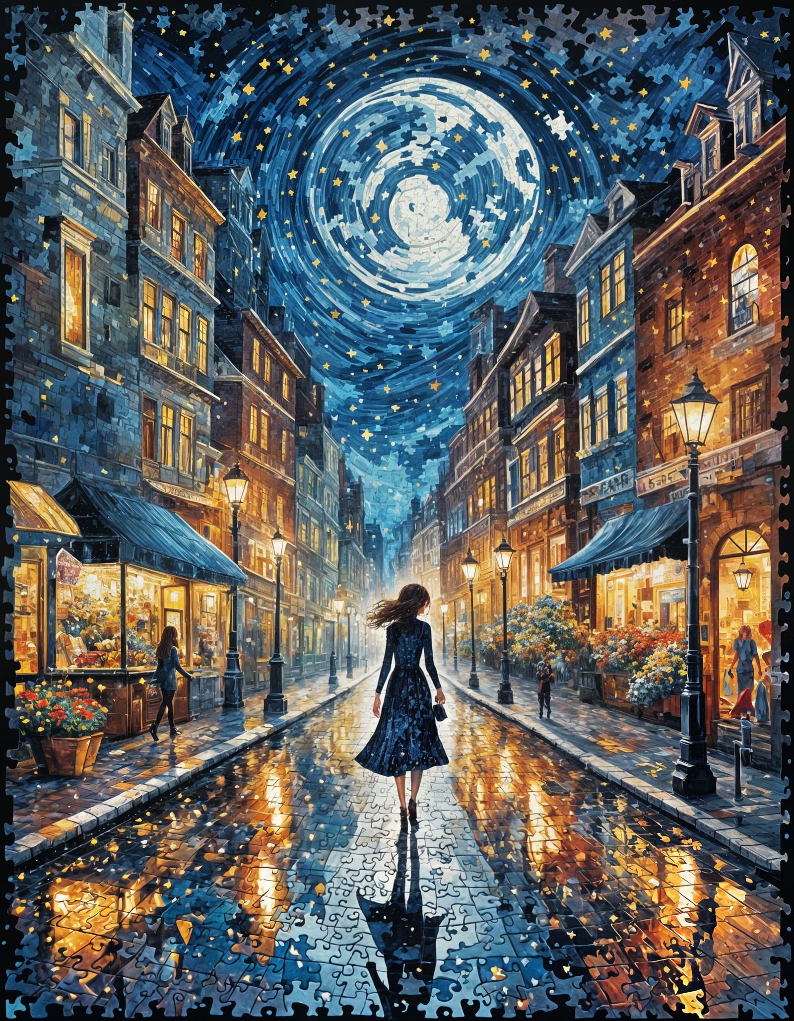 Stunning Puzzle Art of Woman Walking Alone Under Starry Nigh...