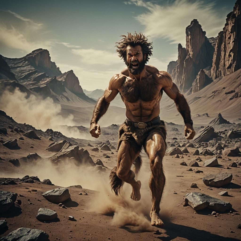 Muscular Man Lands on Planet: Cinematic Film Still