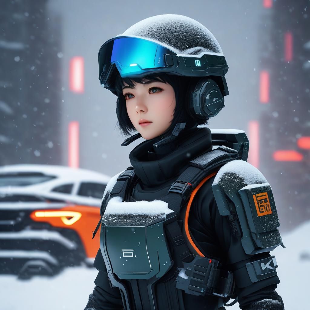 Anime Sci-Fi Warrior in a Futuristic Snowscape