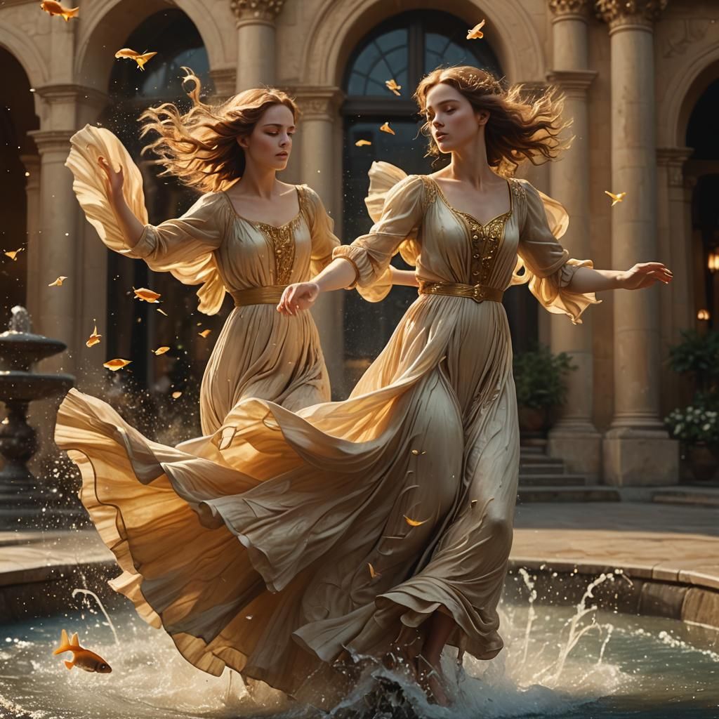 Woman in Flowing Dress by Fountain, Pre-Raphaelite Style