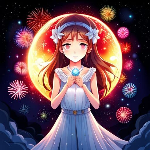 Anime Girl Watching Fireworks in Night Sky