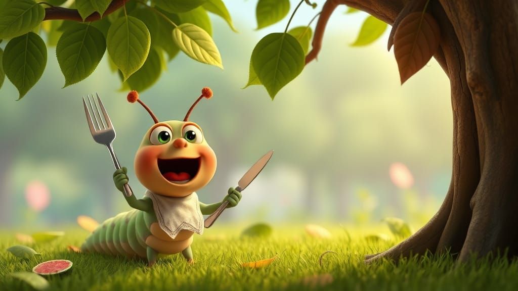 Excited Caterpillar Ready to Eat Leaves, CGI Animation