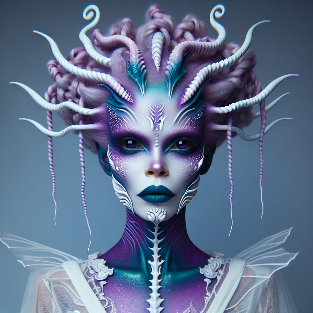 a surreal portrait of an alien female, she has purple  and t...