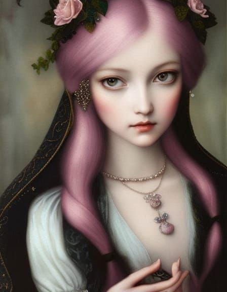 A beautiful 1400’s renaissance era pink-haired pale goth girl portrait