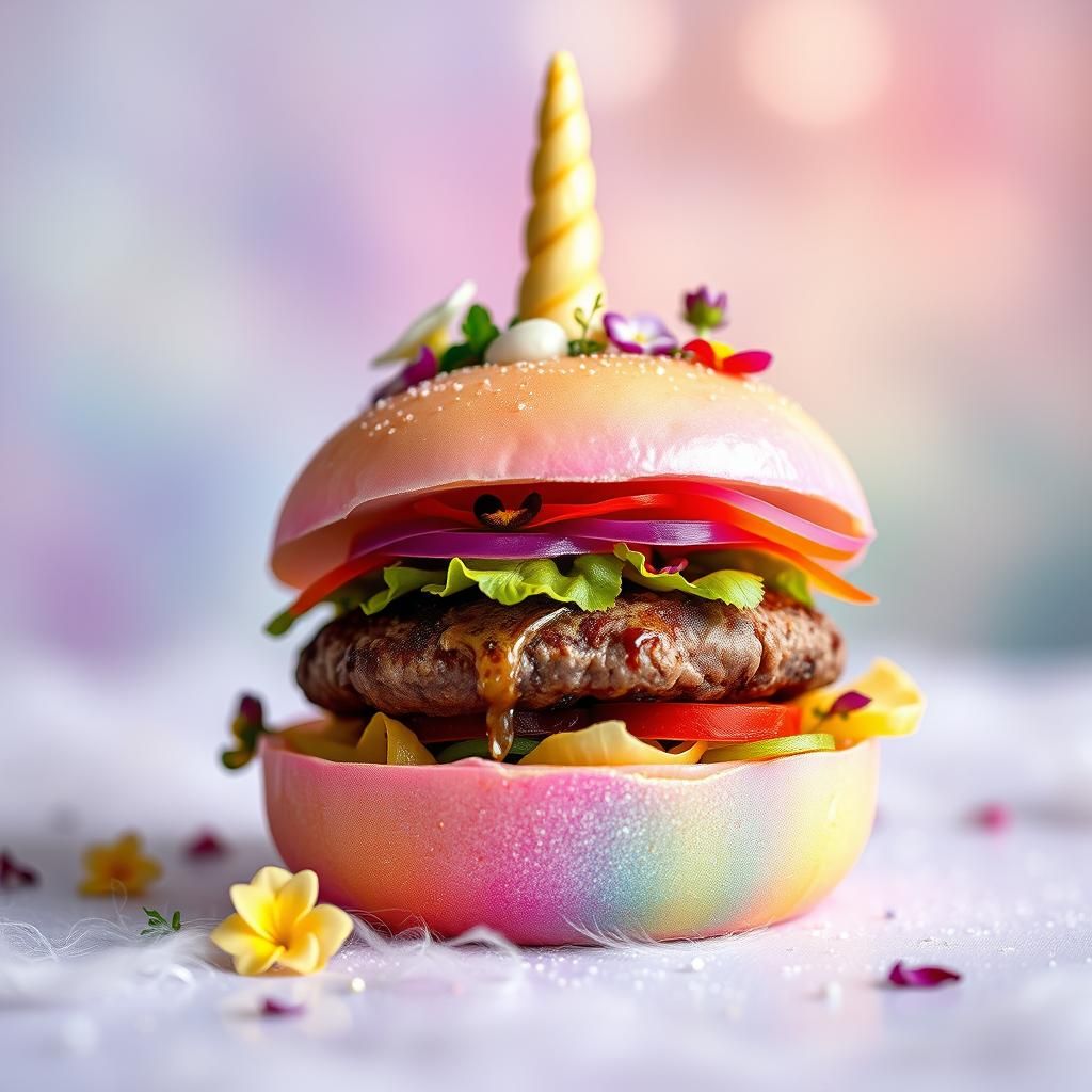 Fantasy Unicorn Burger with Rainbow Bun and Caviar