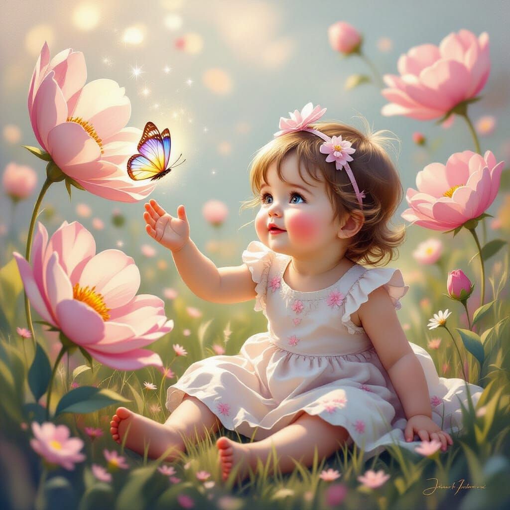 Baby Girl in Magical Glowing Flower Field