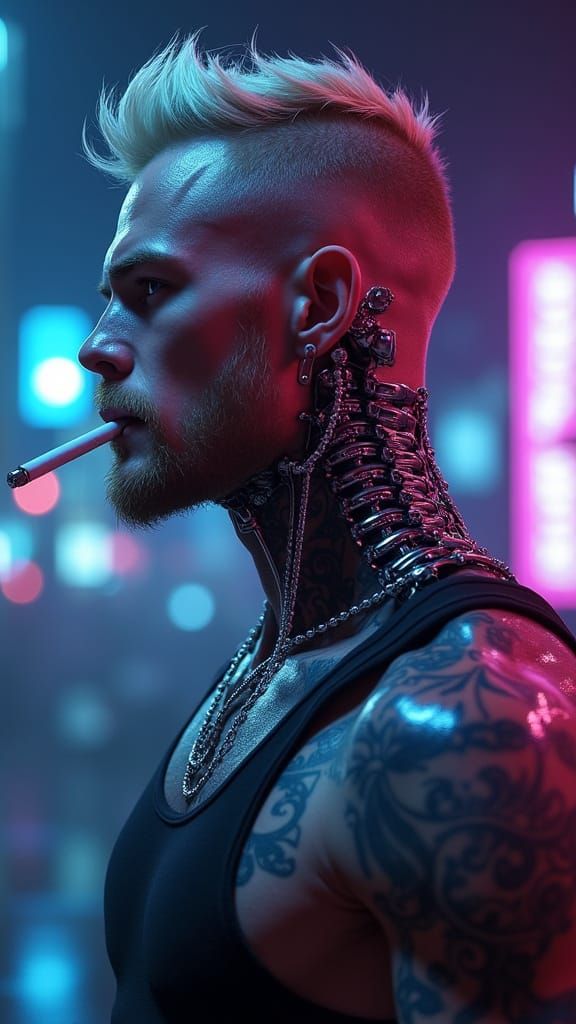 Cybernetic Man with Chrome Spine in Neon City
