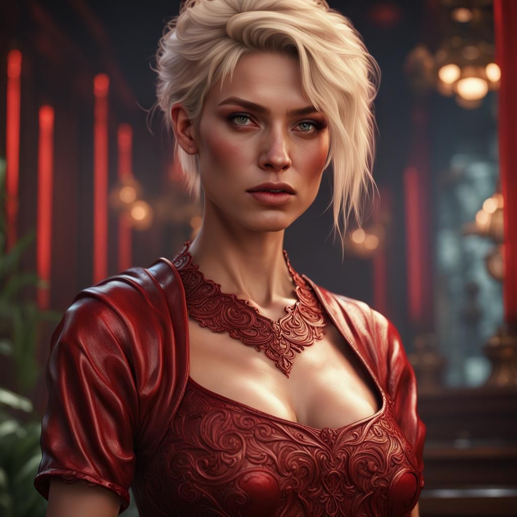 Blonde Woman with Red Highlights in Detailed Painting