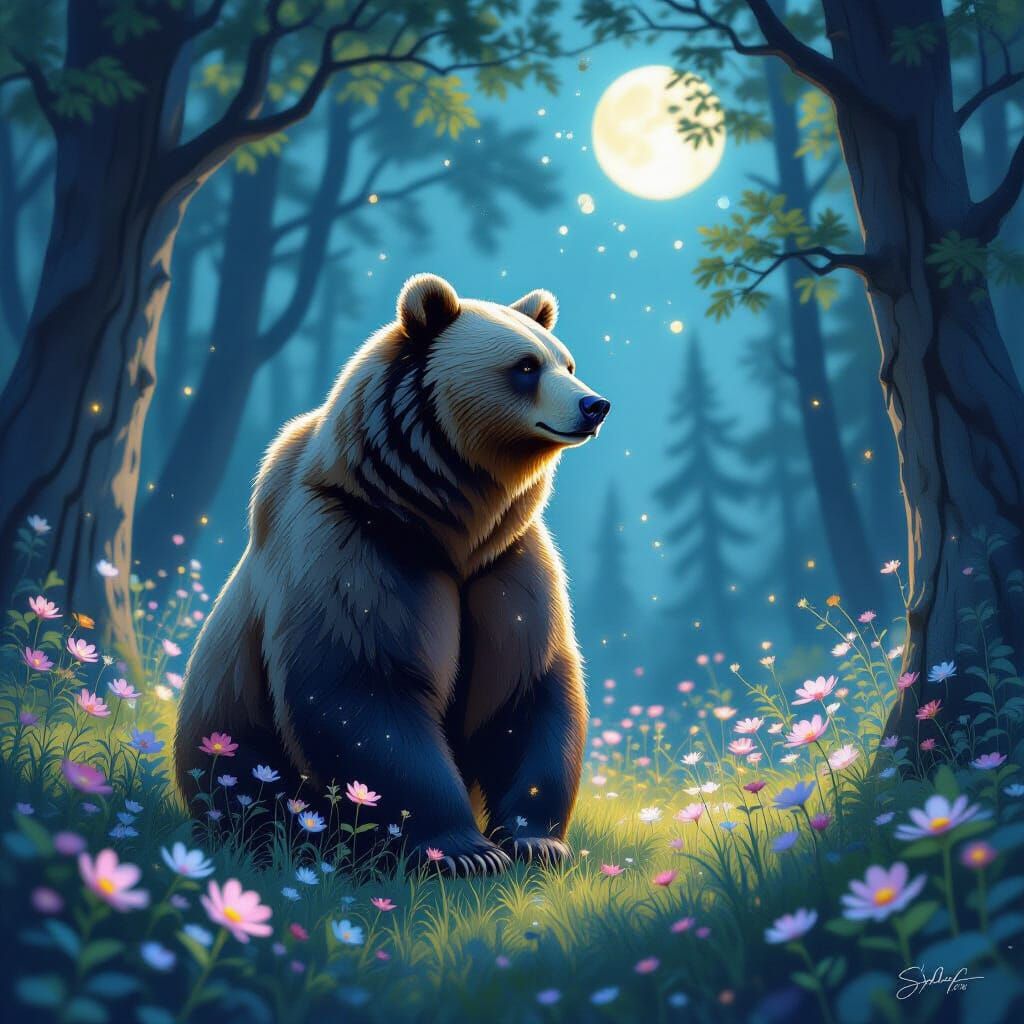 Cosmic Bear in Ethereal Forest: Digital Painting