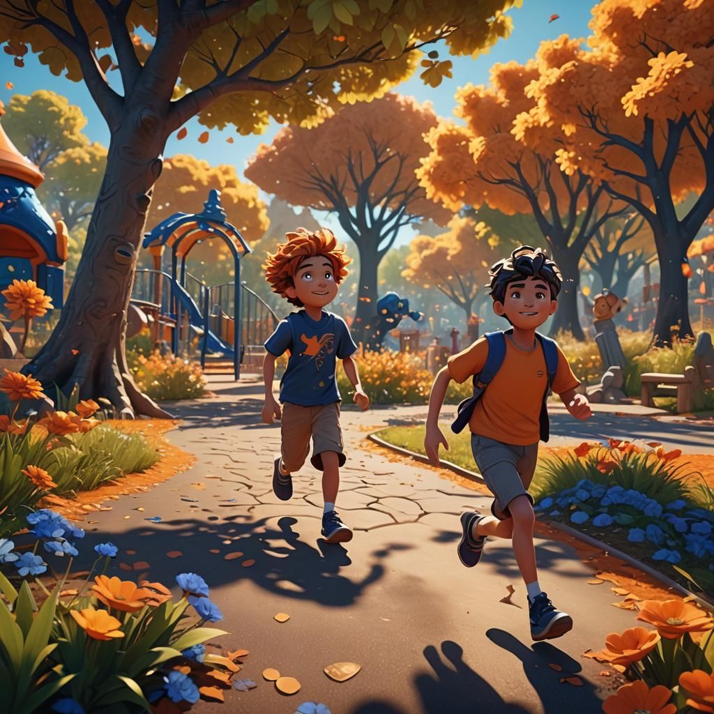 Cartoon Boy Runs Through Fantasy Playground