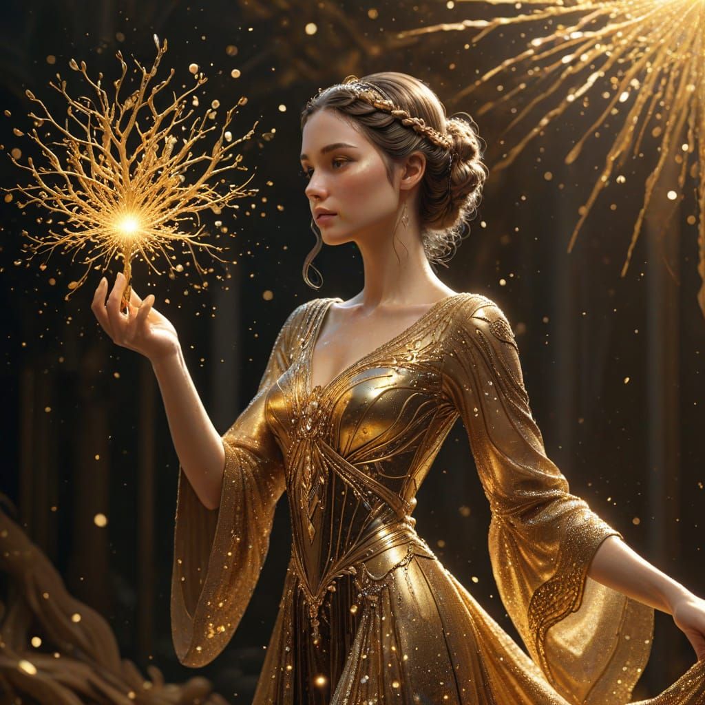 Woman Creates Golden Tree with Sparking Dust in Digital Art ...