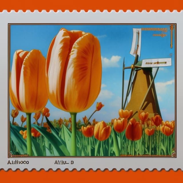 Orange Tulip Windmill Stamp in Art Nouveau Style