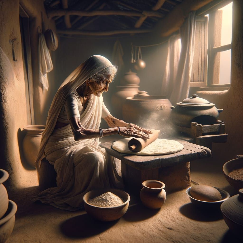 Elderly Woman Making Roti in Dimly Lit Kitchen