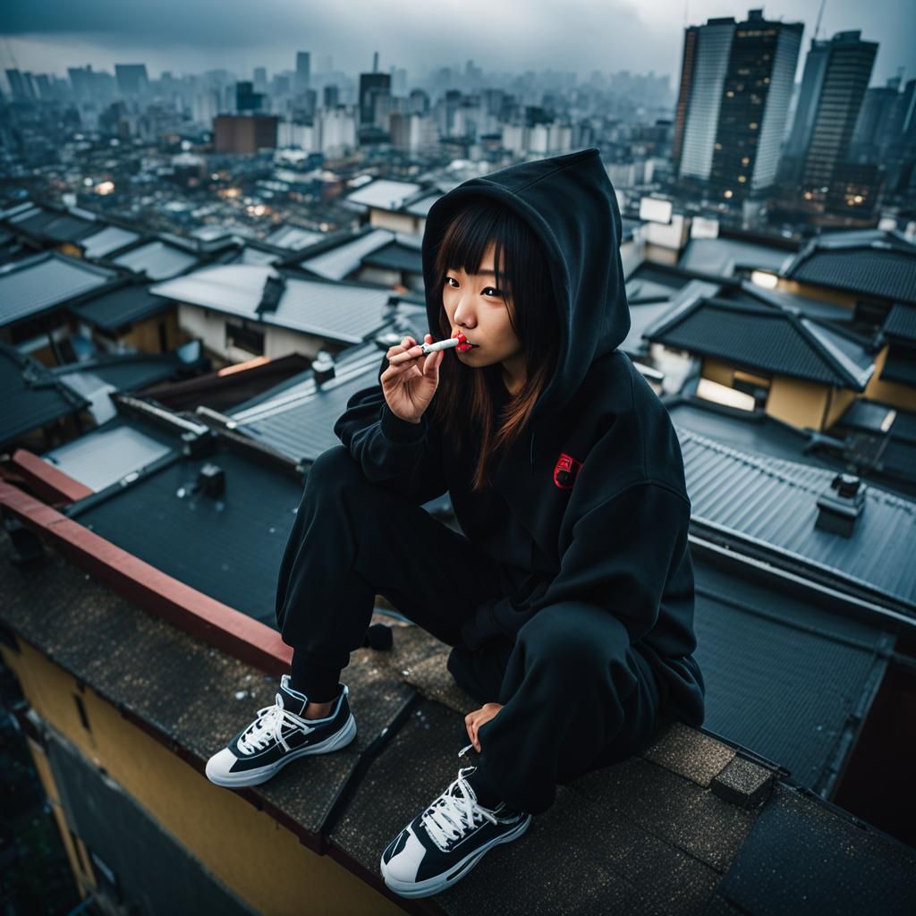 Japanese Girl Smoking on Rainy Rooftop with Fisheye Lens