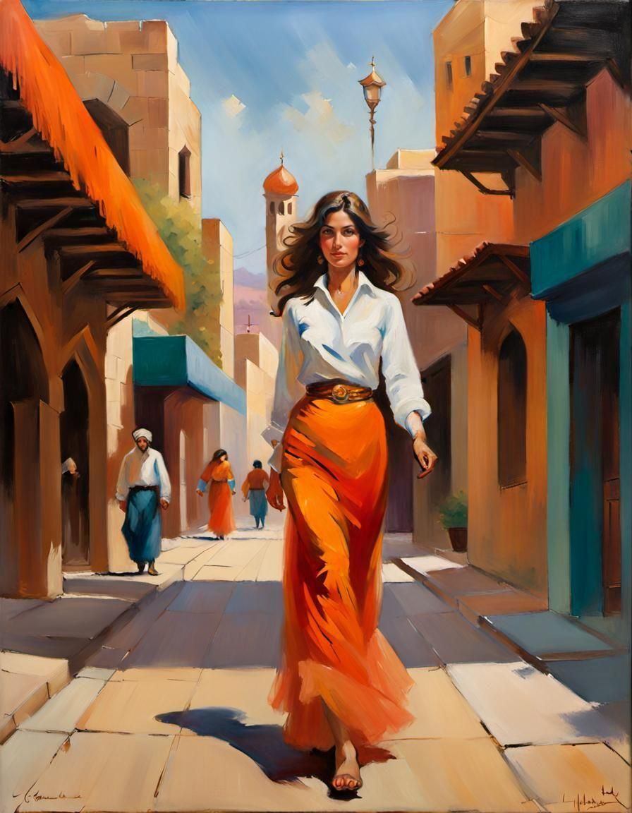 Persian Woman in 1970s City, Oil Painting Style