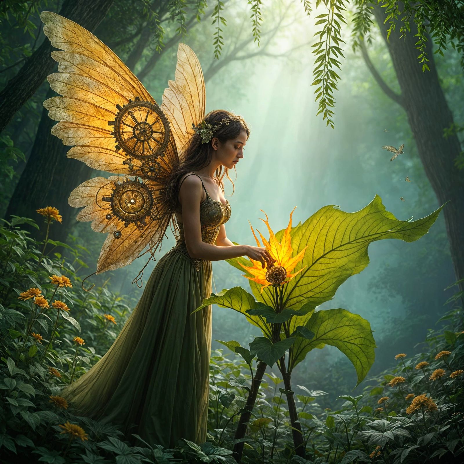 Whimsical Woman With Clockwork Wings Tends Giant Glowing Lea...
